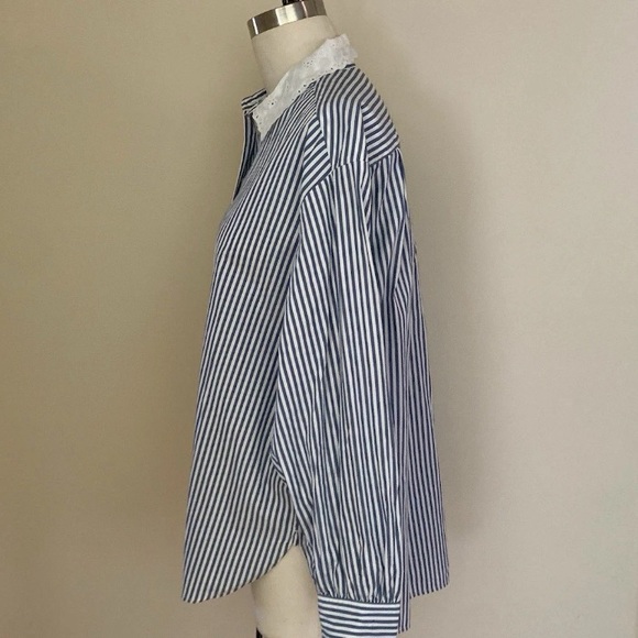 GAP x Doen Organic Cotton Eyelet Collar Big Shirt in Blue Stripe Oversize Sz S - Picture 3 of 6